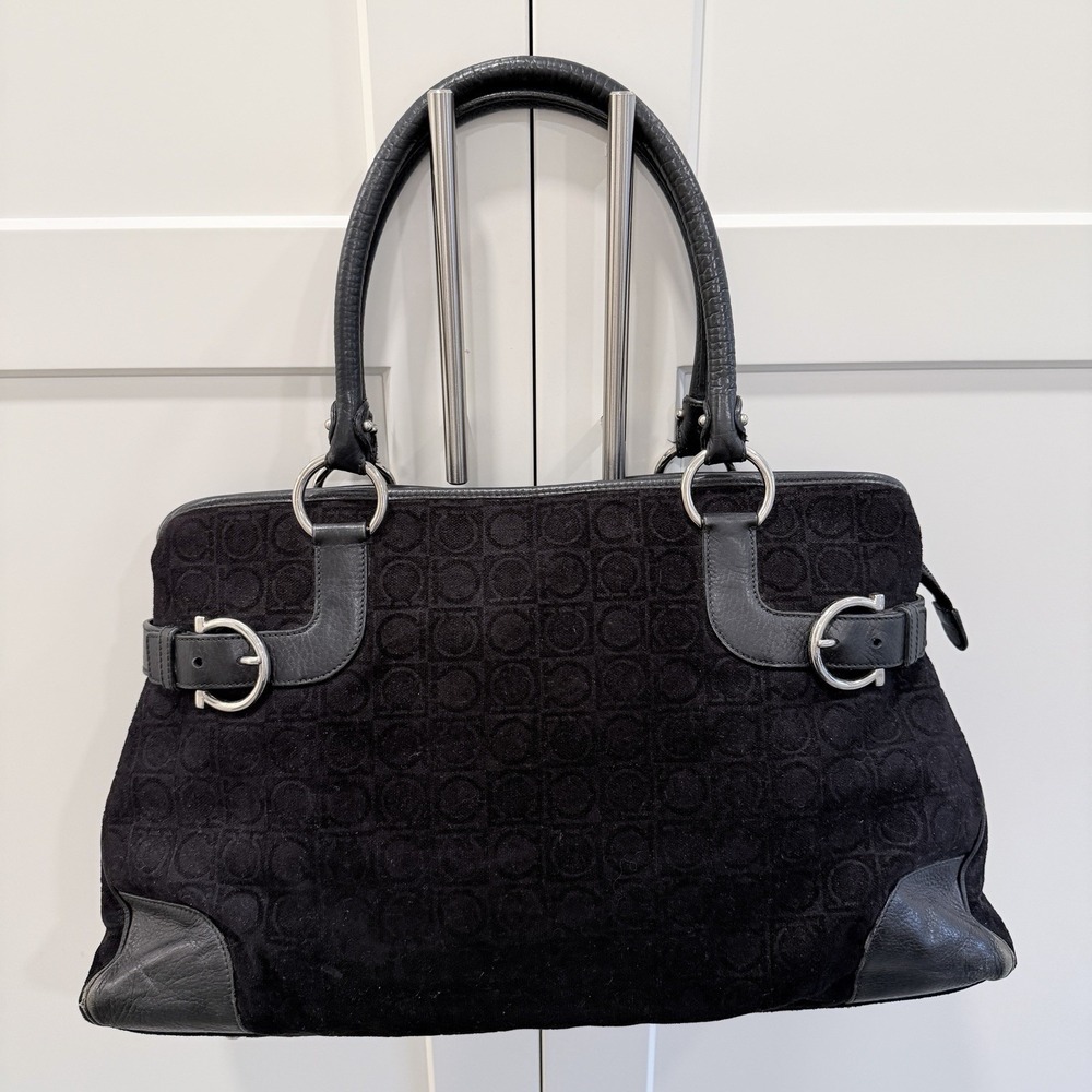 Salvatore Ferragamo Gancini Monogram Black Suede Leather Satchel Bag Vintage